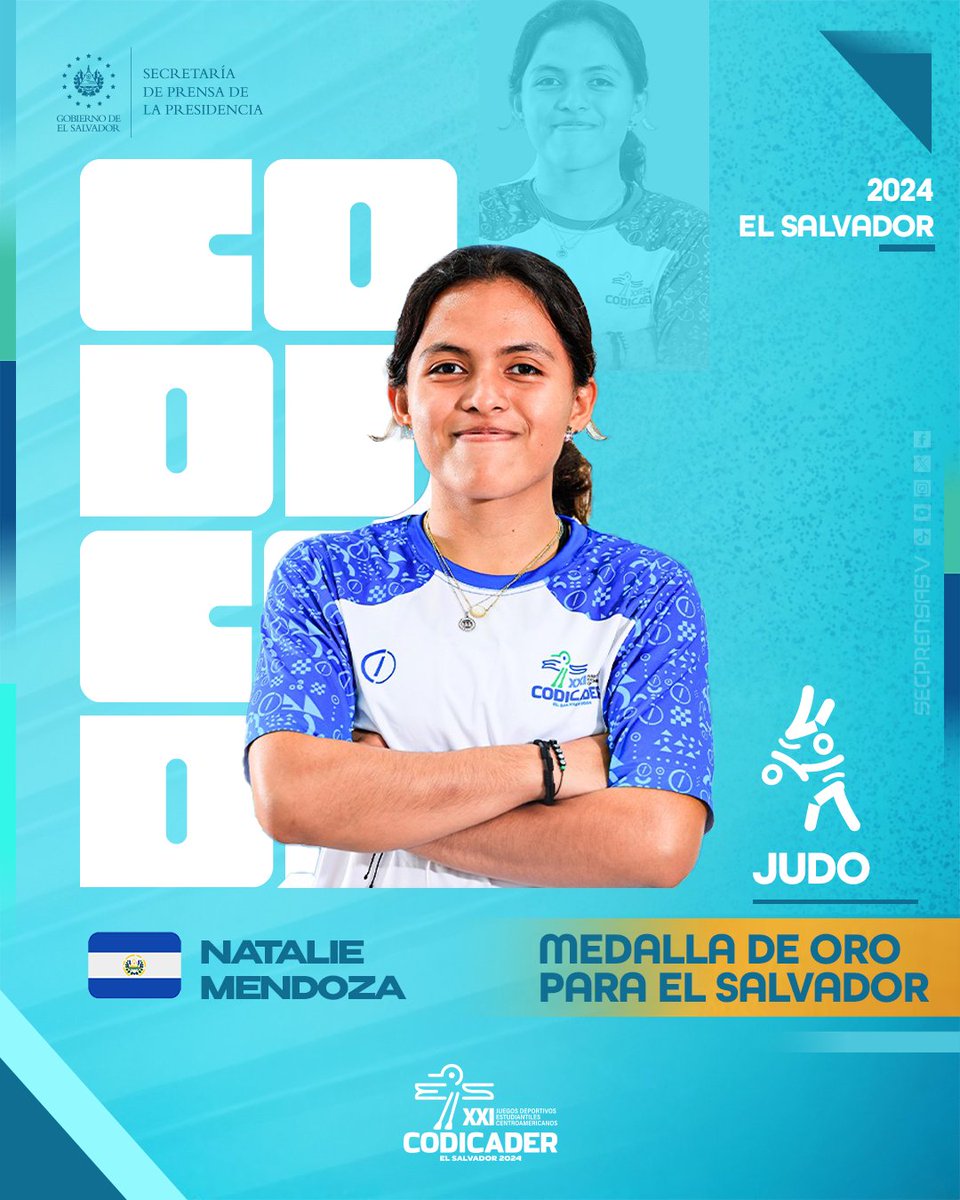 SecPrensaSV's tweet photo. #Codicader2024 | ¡El Salvador suma una nueva medalla de oro! La atleta Natalie Mendoza venció a la nicaragüense y se apoderó del oro en la categoría -57 kilogramos de judo. #SecretaríaDePrensa https://t.co/8G22NJq7zn