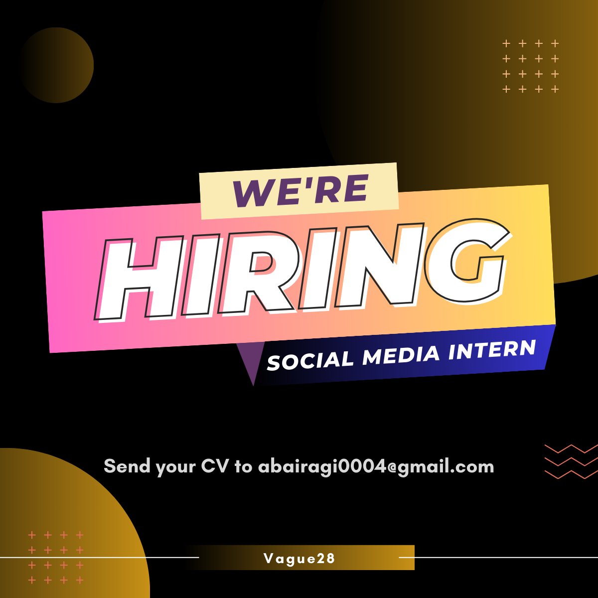 Hiring a Social Media Marketing Intern!

Join us for a paid internship to manage social profiles, create engaging content, and boost artists' visibility.

Send your resume to abairagi0004@gmail.com
#Hiring #Internship #SocialMediaMarketing #DigitalPR #Vague28