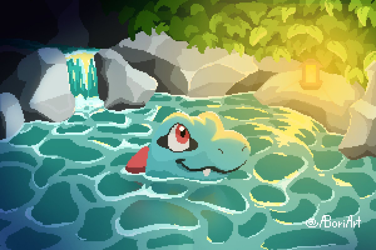 AboriArt's tweet photo. Day 6 of Sillytober     
Theme: 8-bit      

Technically not 8-bit, but it's pixelart so close enough. Totodile having a night swim! https://t.co/9gELscce2y