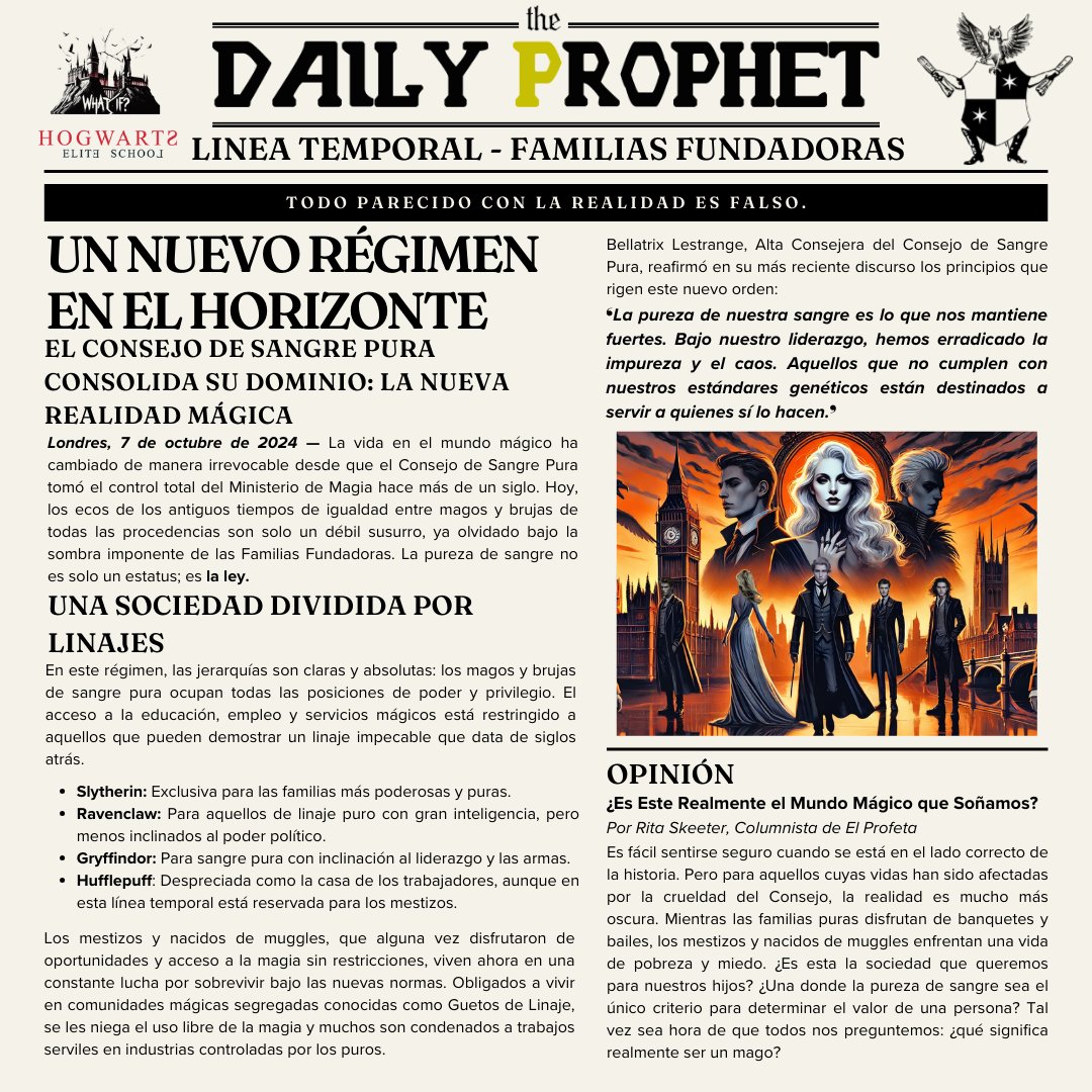 HPEliteRol's tweet photo. ㅤ
📣 ¡EXTRA, EXTRA! ¡ENTÉRATE DE LA VERDAD! 📰
El Régimen de las Tres Familias se Afianza en el Mundo Mágico

Los Black, Malfoy y Lestrange toman el control, y una nueva era de opresión y rebelión sacude los cimientos de nuestra sociedad.

⚡ ¡Descubre todos los detalles⚡ https://t.co/lBFHPcdoig