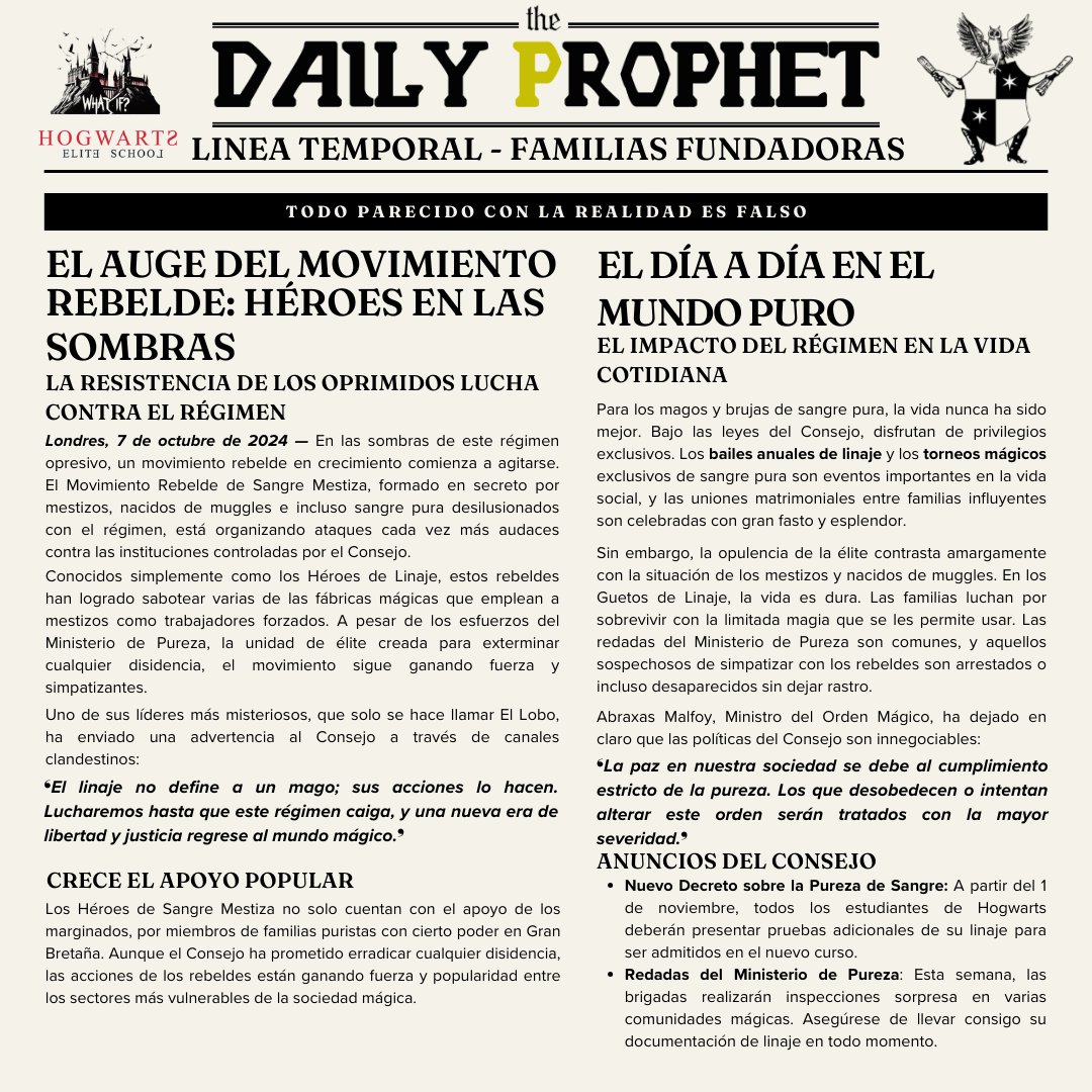 HPEliteRol's tweet photo. ㅤ
📣 ¡EXTRA, EXTRA! ¡ENTÉRATE DE LA VERDAD! 📰
El Régimen de las Tres Familias se Afianza en el Mundo Mágico

Los Black, Malfoy y Lestrange toman el control, y una nueva era de opresión y rebelión sacude los cimientos de nuestra sociedad.

⚡ ¡Descubre todos los detalles⚡ https://t.co/lBFHPcdoig