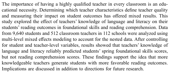 DTWillingham's tweet photo. Teachers’ knowledge of language and literacy reliably predicts students’ spring foundational skills scores, after controlling for (some) teacher and student-level variables. https://t.co/jW92JjMmvM https://t.co/ZV58X0Ejgz