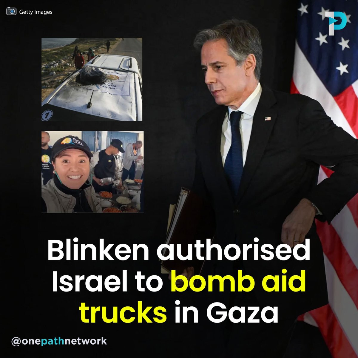 OnePathNetwork's tweet photo. 🇮🇱🇺🇸 Remember when the IDF drone struck a vehicle marked with the WCK logo and killed seven members of the World Central Kitchen?

Newly released information shows that Blinken gave the IDF the green light.

Official policy jointly set by Blinken and the Israeli cabinet - “The mission order made it clear that the IDF is instructed to thwart (assassination) an attempt by Hamas terrorists to take over the aid trucks that entered Gaza. The IDF received this instruction from the Security Cabinet."

Source: https://t.co/Hb9VXwh88l

#Israel_War_On_Civilians