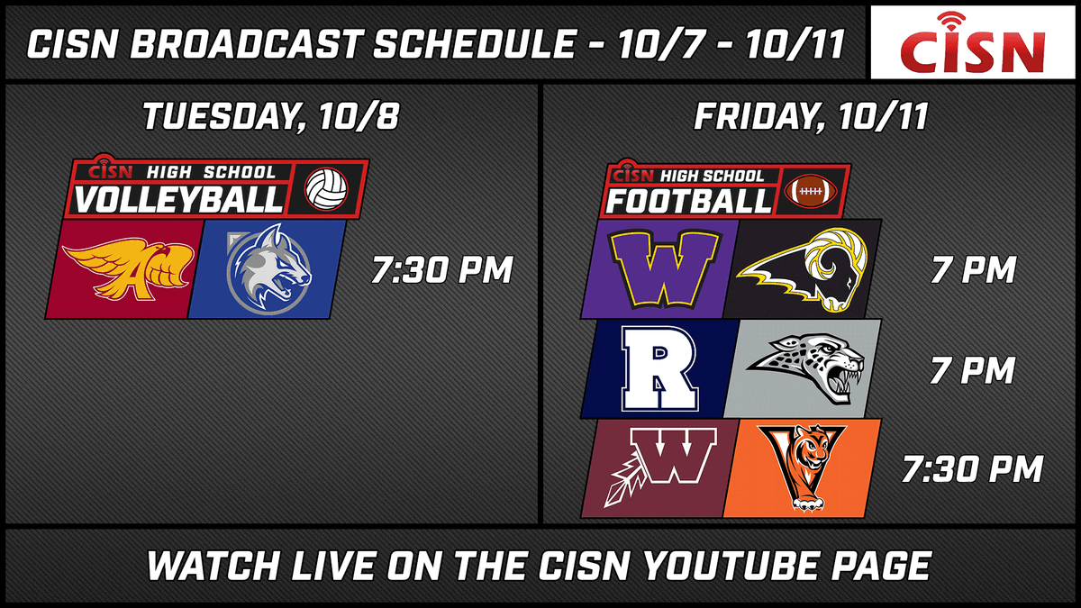 CISNtv (@cisntv) on Twitter photo Here's our broadcast schedule for this week!
Tues: #iahsvb 🏐
<a href="/VB_Ankeny/">Hawk Volleyball</a> vs <a href="/NWHSVball/">Waukee Northwest Volleyball</a>
Fri: #iahsfb 🏈
<a href="/WaukeeFB/">Waukee Warriors Football</a> vs <a href="/sep_football/">SEP Football</a>
<a href="/trhsroughriders/">Roosevelt Activities</a> vs <a href="/achs_jaguar/">ACHS Jaguar Football</a>
<a href="/WahawkFootball/">Waterloo West High School Football</a> vs <a href="/vhstigers/">Valley High School Athletics and Activities</a>
Watch all these games live on our YouTube page!
youtube.com/c/CISNtv Here's our broadcast schedule for this week!
Tues: #iahsvb 🏐
<a href="/VB_Ankeny/">Hawk Volleyball</a> vs <a href="/NWHSVball/">Waukee Northwest Volleyball</a>
Fri: #iahsfb 🏈
<a href="/WaukeeFB/">Waukee Warriors Football</a> vs <a href="/sep_football/">SEP Football</a>
<a href="/trhsroughriders/">Roosevelt Activities</a> vs <a href="/achs_jaguar/">ACHS Jaguar Football</a>
<a href="/WahawkFootball/">Waterloo West High School Football</a> vs <a href="/vhstigers/">Valley High School Athletics and Activities</a>
Watch all these games live on our YouTube page!
youtube.com/c/CISNtv