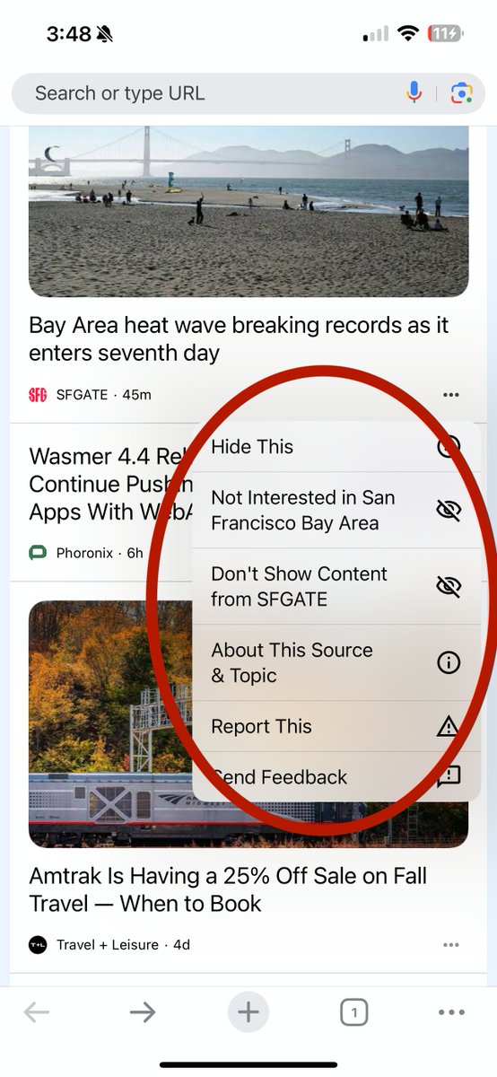 modularmoon's tweet photo. @googlechrome This menu in the Chrome iOS 'Discover'  feed used to have option to 'Open In New Tab'. Seems like was removed a week or two ago. Not sure what the purpose of removing this option would be..to de-clutter the menu?? Seems like it was removed by mistake. Please re-add! https://t.co/y3dWwlUjac