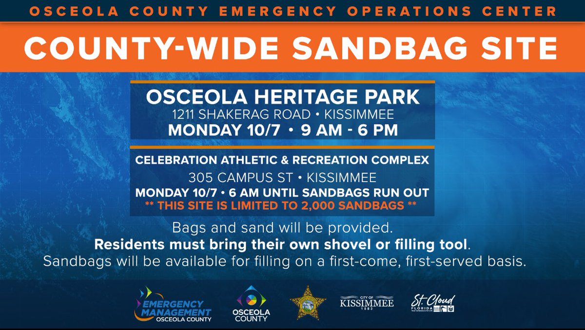 ‼️ Second Sandbag Distribution Site ‼️

TOMORROW, 10/07 at 6 a.m. at the Celebration Athletic &amp; Recreation Complex. 

Limited to 2,000 sandbags. Distribution closes when supplies run out.

📍 305 Campus St, Kissimmee, FL