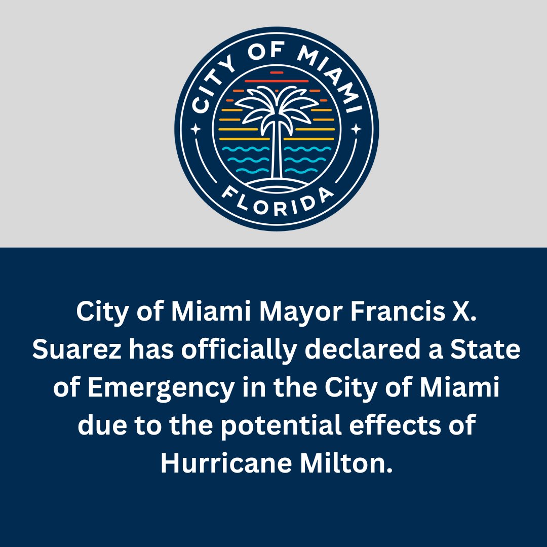 City of Miami (@cityofmiami) on Twitter photo The Mayor of the City of Miami, Francis X. Suarez, has officially declared a state of emergency in the City of Miami due to the potential effects of Hurricane Milton.
<a href="/MiamiMayor/">Mayor Francis Suarez</a> The Mayor of the City of Miami, Francis X. Suarez, has officially declared a state of emergency in the City of Miami due to the potential effects of Hurricane Milton.
<a href="/MiamiMayor/">Mayor Francis Suarez</a>