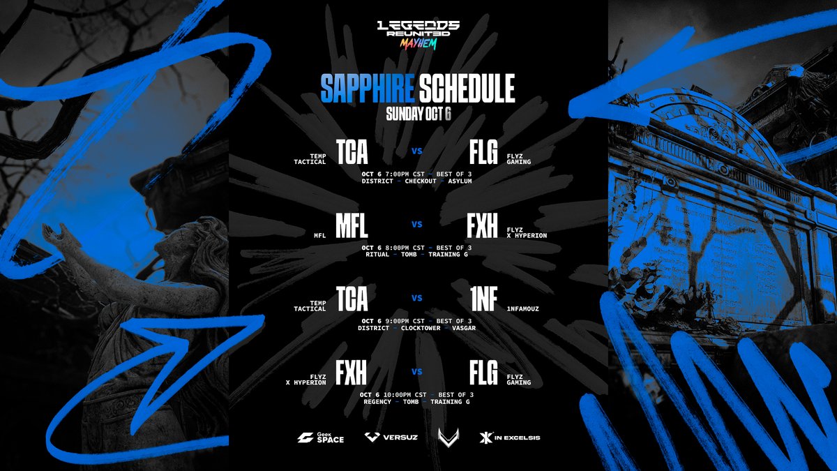 TeeGamingOrg's tweet photo. LEGENDS REUNITED MAYHEM clasificatorio
Patrocinadores: 
@InExcelsisUS
@VersuzGaming
@GeekSpaceMx
 
Domingo de grandes enfrentamientos
Nos vemos mas tarde 

SAPPHIRE🔵 4 a 6 Octubre

@TeMpTcA 🆚@FlysGoficial
19:00 hrs Mex

 #MFL 🆚#Flyz X @HyperionlegaGG
 20:00 hrs Mex

@TeMpTcA 🆚 @1NfamouzGG  
21:00 hrs Mex

#Flyz X @HyperionlegaGG 🆚 @FlysGoficial
22:00 hrs Mex

📺 Transmisión: https://t.co/Y57F3yzwX2
🗓️ Fecha: 6 Octubre 
🆚4v4 | Ciclo competitivo original
🎙🎧📷 Casters:
 @DonBebe25 @Tornado_Mask 

BOLETOS DISPONIBLES A LA VENTA YA!🎟️
LEGENDS REUNITED CDMX by Tee Gaming
-General 
-VIP 
https://t.co/skguTyJiiK 

Nos vemos 6 y 7 de Diciembre en Arena The Place To Play Movistar Pedregal

Tee Gaming
LA PIEL DE LOS CAMPEONES

❤️Síguenos: https://t.co/Ck8VNCyNGB
Favor de dar like y compartir ❤️

#laPieldeLosCampeones #TGO #GooTG #Jersey #UniformesEsports #torneo #legendsreunited #gearsofwar #Gears5 #GearsofWarEday #CDMX #TeeLan