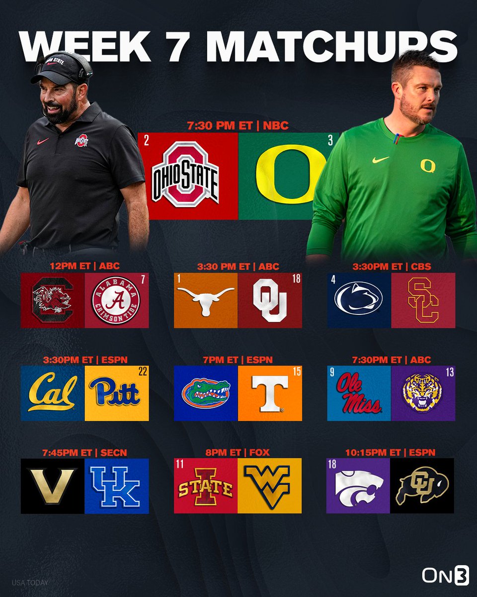 On3's tweet photo. College Football Week 7 Featured Matchups🍿🍿🍿 https://t.co/KANy95evMq