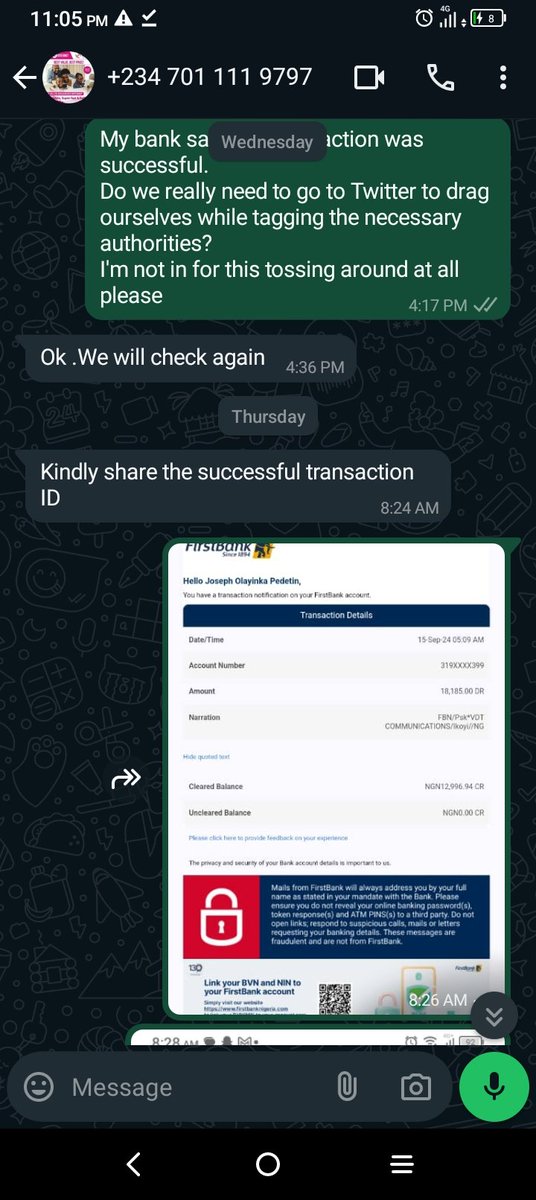 sisteryinka's tweet photo. @FirstBankngr debited the sum of N18,185
Till date, I haven't gotten value for my service
@vdt4glte @vdtcomms customer care service line  07011119797 asked that I provide proof of payment and she said they didn't receive my payment which I had to mail @FirstBankngr https://t.co/oOYReLUZrR