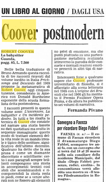 stefanociavatta's tweet photo. è morto lo scrittore americano #RobertCoover lanciato in Italia da Guanda 1982 poi Feltrinelli, riproposto da @nneditore con "La babysitter e altre storie”. L'ultimo dei postmoderni in vita, quelli nella foto 1983: Barthelme, Barth, Coover, Hawkes, Vonnegut, Abish, Gaddis, Gass https://t.co/vqhwMI7l8l