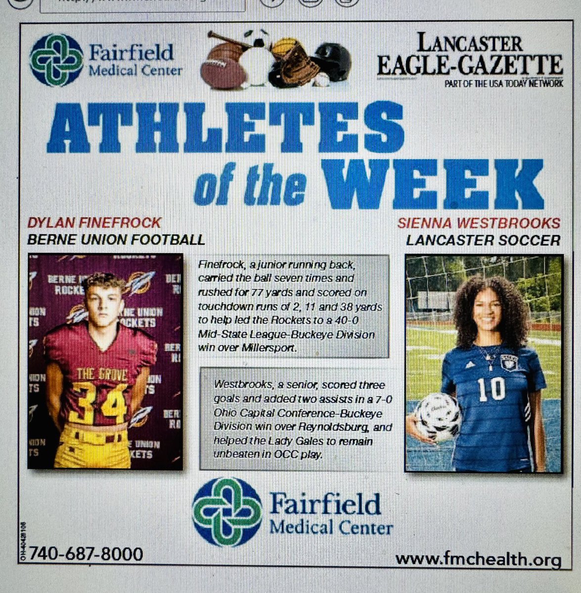 Eagle-Gazette Athletes of the Week: Berne Union’s Dylan Finefrock and Lancaster’s Sienna Westbrooks. ⁦<a href="/BerneFootball/">Berne Union Football</a>⁩  ⁦<a href="/BerneUnionATH/">Berne Union Athletics</a>⁩ ⁦<a href="/coachbgriff/">Brian Griffin</a>⁩ ⁦<a href="/lancastergales/">LancasterGales</a>⁩