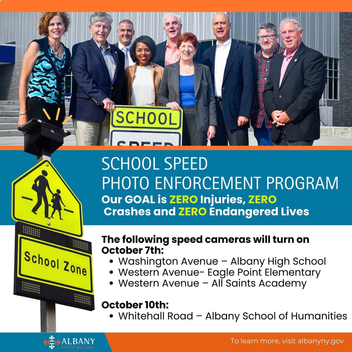 Albany’s first School Zone Speed Cameras are officially active! 🚨

Following a 30-day warning period, $50 fines will be issued starting Monday, October 7th, in school zones at ⬇️