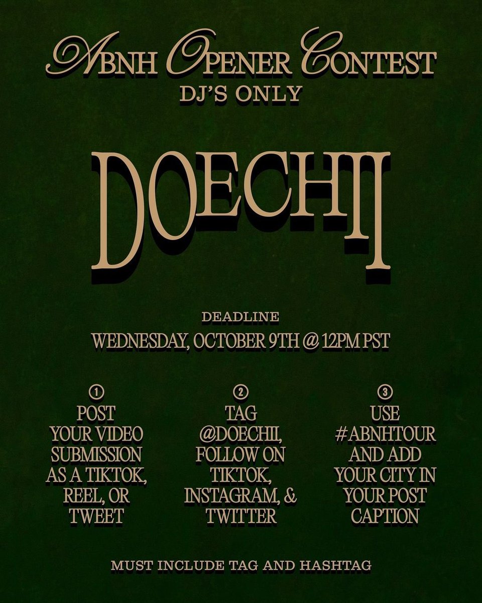 EDoechii's tweet photo. Doechii has announced a contest to all DJs for a chance to WIN an opener spot for the Alligator Bites Never Heal Tour 🐊 

SUBMISSION DETAILS:     

1.  Post a video showcasing your DJ skills 

2. Tag &amp; follow .@officialdoechii on socials

3.  Use #ABNHTour in caption https://t.co/PmxK36i8kb
