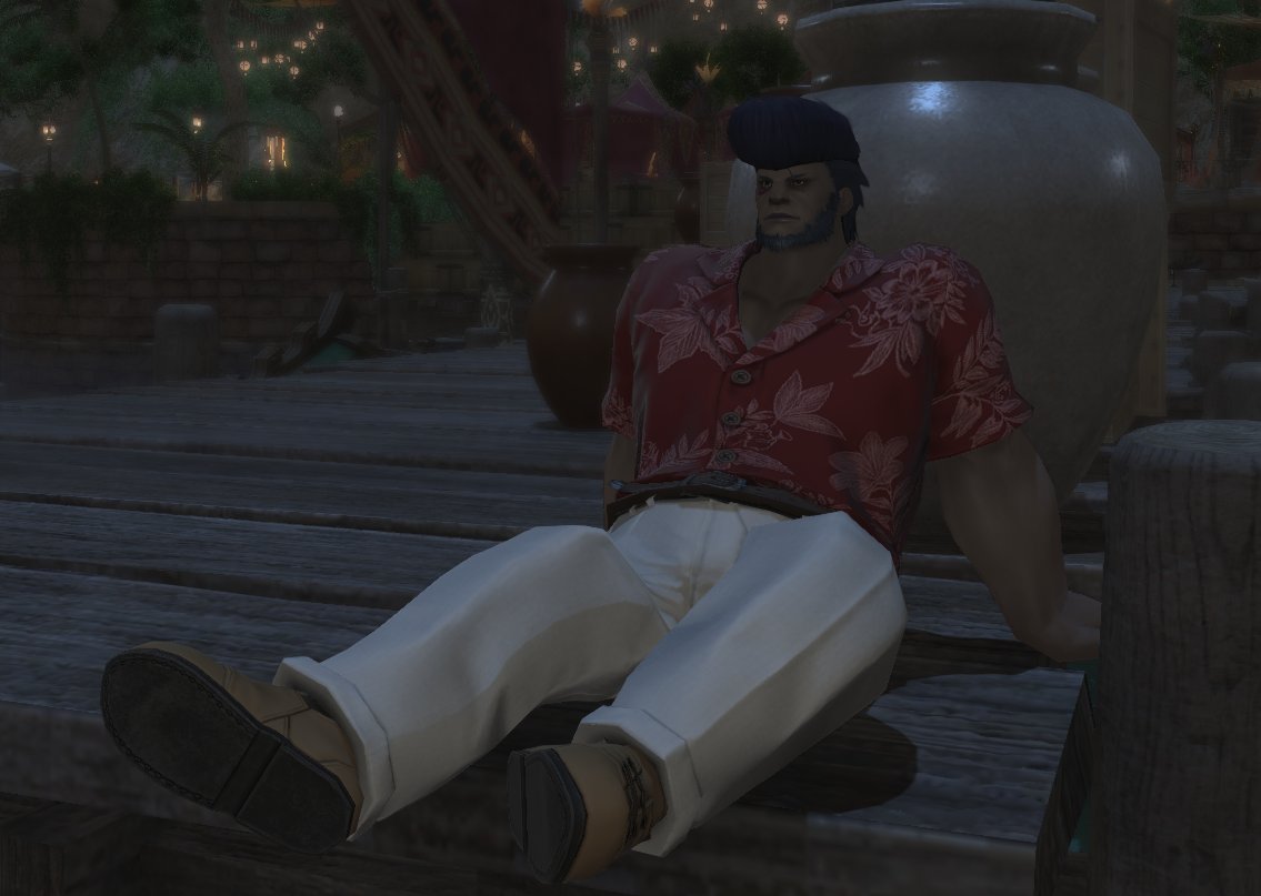 Butts OakenOak (They/Them)
⤷Age: Early 30s
⤷Race: Roegadyn Hellsguard
⤷Personality: Tired, Stubborn, Aggressively Caring, Oblivious, Curious. 
⤷Sexuality: Bi
⤷Alignment: Neutral good/Chaortic good (100% Mood based)