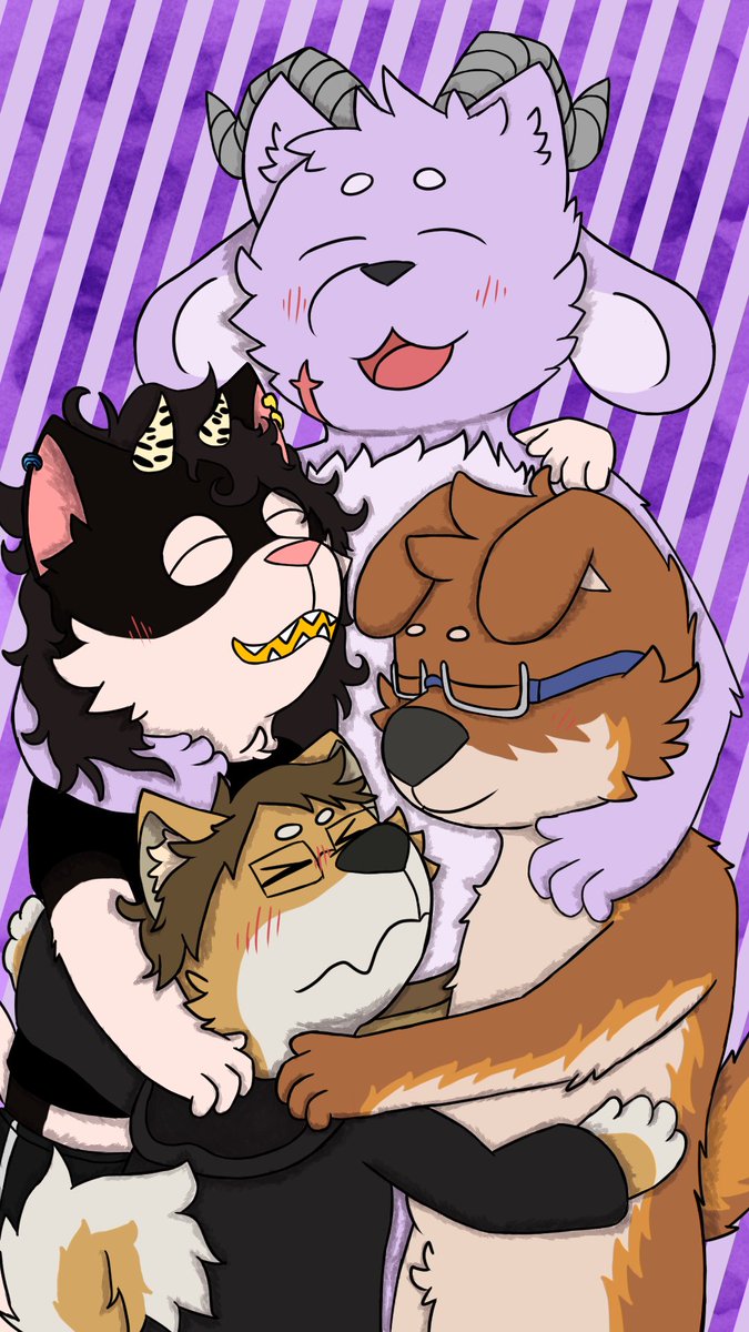 OOF NEW BORKDAY DRAWING,
for the good ol goaTy <a href="/UniTyDotOne/">UniTy Engine</a> with a good cat of his <a href="/valthesketcher/">Valence the smiling demon</a>, my sweet cool doggo <a href="/TheRoyDragon/">RoyDragon</a>, and the oof myself, oofs.. group huggin for the lovin or soemthing like that oofs.. 
first i doing a piece with this many folks in one. -w-