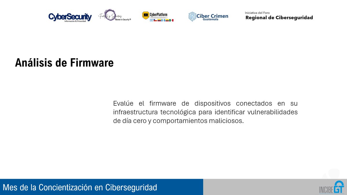 IncibeG's tweet photo. #CyberSecurityMonth
#CybersecurityAwarenessMonth
#IncibeGT

Tip6:
Evalúe el firmware de dispositivos conectados en su infraestructura tecnológica para identificar vulnerabilidades de día cero y comportamientos maliciosos. https://t.co/MOtWEOyGjy