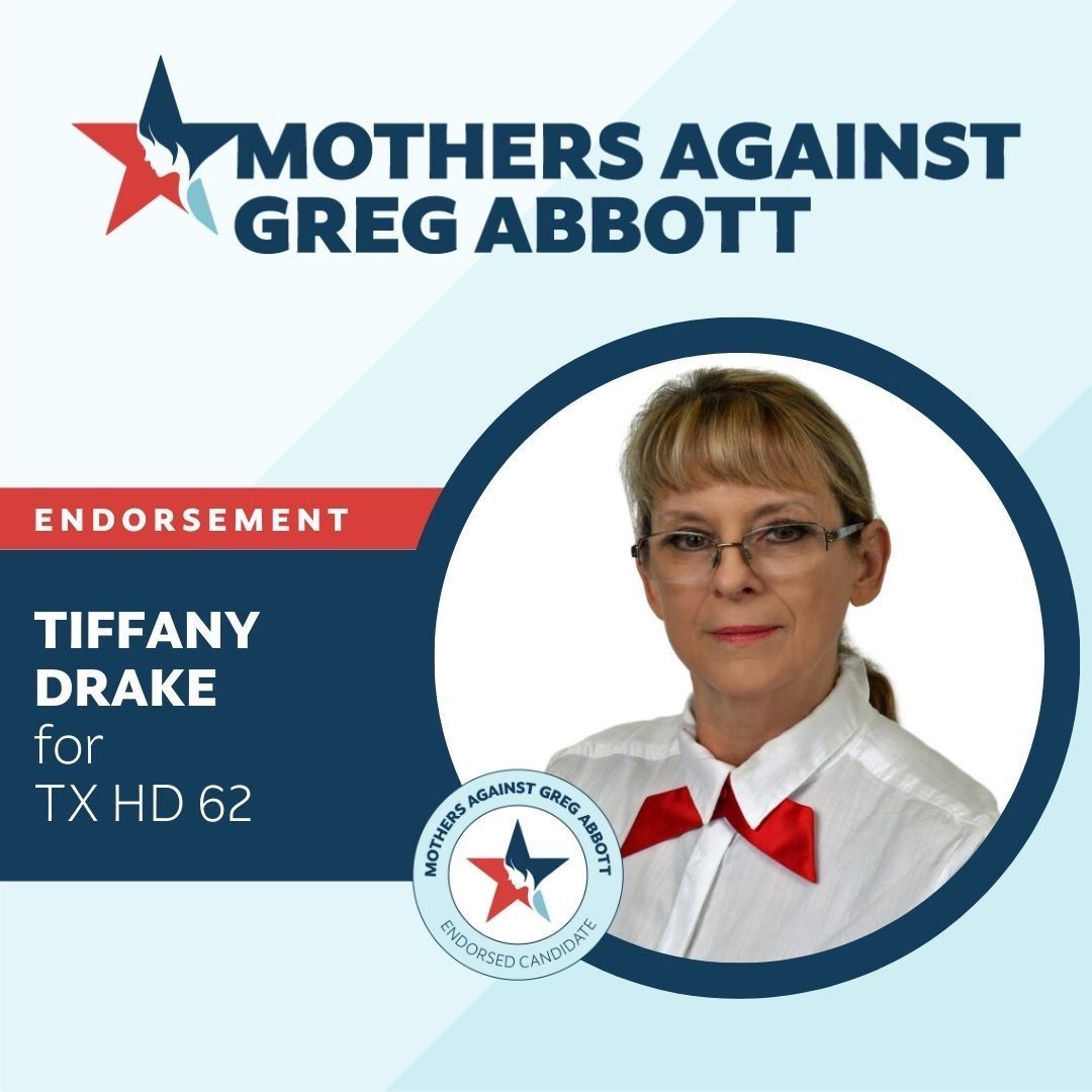 MomsAGAbbott's tweet photo. Mothers Against Greg Abbott is proud to endorse Tiffany Drake for Texas House District 62! Delta, Fannin, Franklin, and Grayson County, that's you!

Learn more about how Tiffany will fight for Texas: https://t.co/t1DYlOg7Z0

#TurnTexasBlue #northtexas #northtx https://t.co/jNboRx0knF