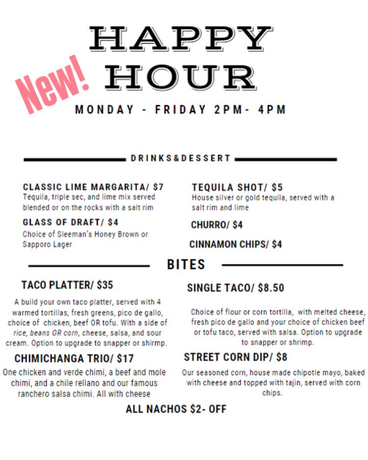GinasMexican's tweet photo. New! We’ve got a Happy Hour menu Monday to Friday from 2pm to 4pm, amigos! 😘 

$7 Caesar every Sunday.

Open 11:30am til 8ish for dine in, take-out or delivery: https://t.co/zgn6DJxk69 

#Nanaimo #CaesarSunday #ginasmexicancafe #besttacos #bestnachos #happyhour#nanaimohappyhour https://t.co/9OdToQbWLU