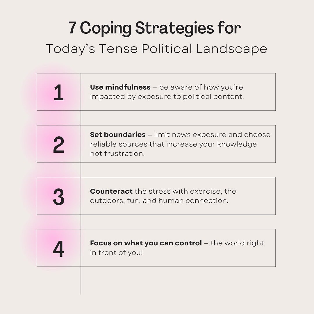 TherapyFtWorth's tweet photo. Seven coping strategies for a tense election season and emotionally charged political landscape.

Protect your mental health and emotional wellbeing with #SelfCare steps to counter political anxiety, news burnout and doomscrolling overload.

https://t.co/XdyY6plZzG

#TherapyFW https://t.co/nqd8zW2Fak