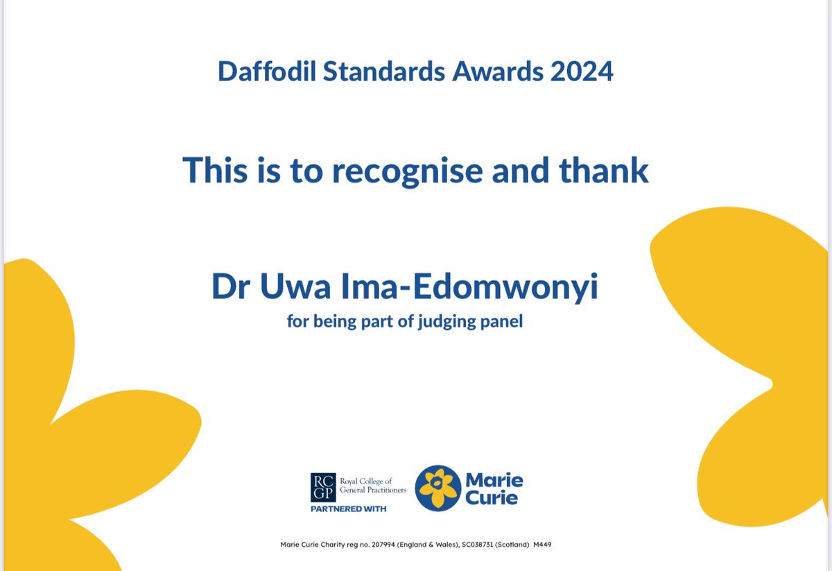 Uwa Ima-Edomwonyi (@uwa_ie) on Twitter photo While chairing the Marie Curie 🌼 Daffodil Standards Awards at the <a href="/RCGPAC/">RCGP Annual Primary Care Conference</a> It was lovely to read out the winners and their achievements in remarkable Palliative/EOLC to their patients.
Info on signing up your practice for free here 👉🏽 rcgp.org.uk/learning-resou…
#RCGPAC
#RCGPAC2024 While chairing the Marie Curie 🌼 Daffodil Standards Awards at the <a href="/RCGPAC/">RCGP Annual Primary Care Conference</a> It was lovely to read out the winners and their achievements in remarkable Palliative/EOLC to their patients.
Info on signing up your practice for free here 👉🏽 rcgp.org.uk/learning-resou…
#RCGPAC
#RCGPAC2024