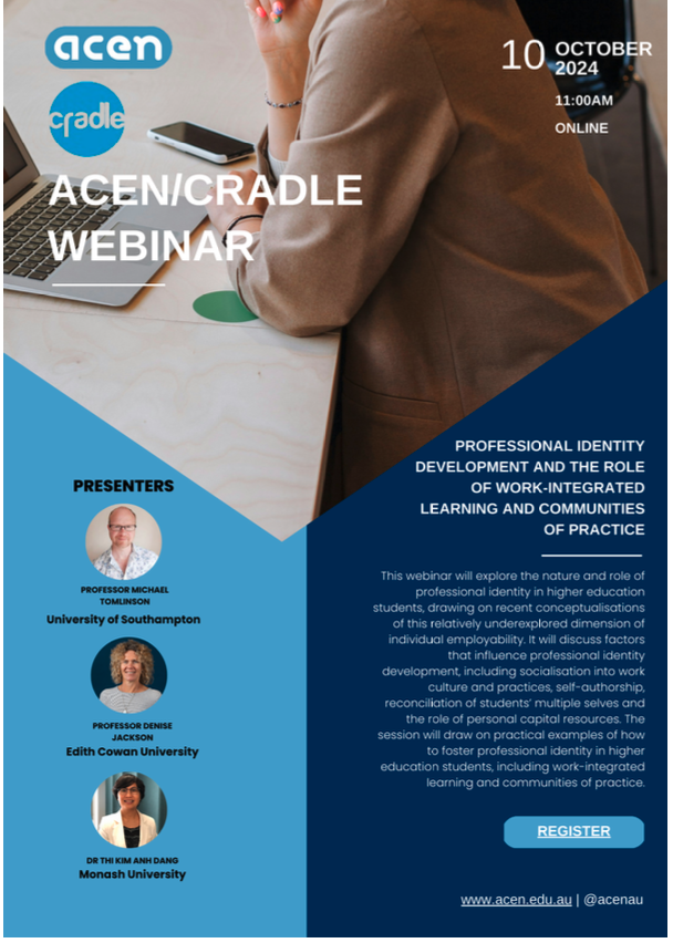 It's still not too late to register for this <a href="/ACENau/">ACEN</a> &amp;
<a href="/CRADLEdeakin/">CRADLE: Find us on Bluesky</a> webinar on #professionalidentity &amp; #WIL in #highereducation #highered   For details &amp; to register: acen.edu.au/professional-i……
<a href="/MonashEducation/">Monash Education</a>