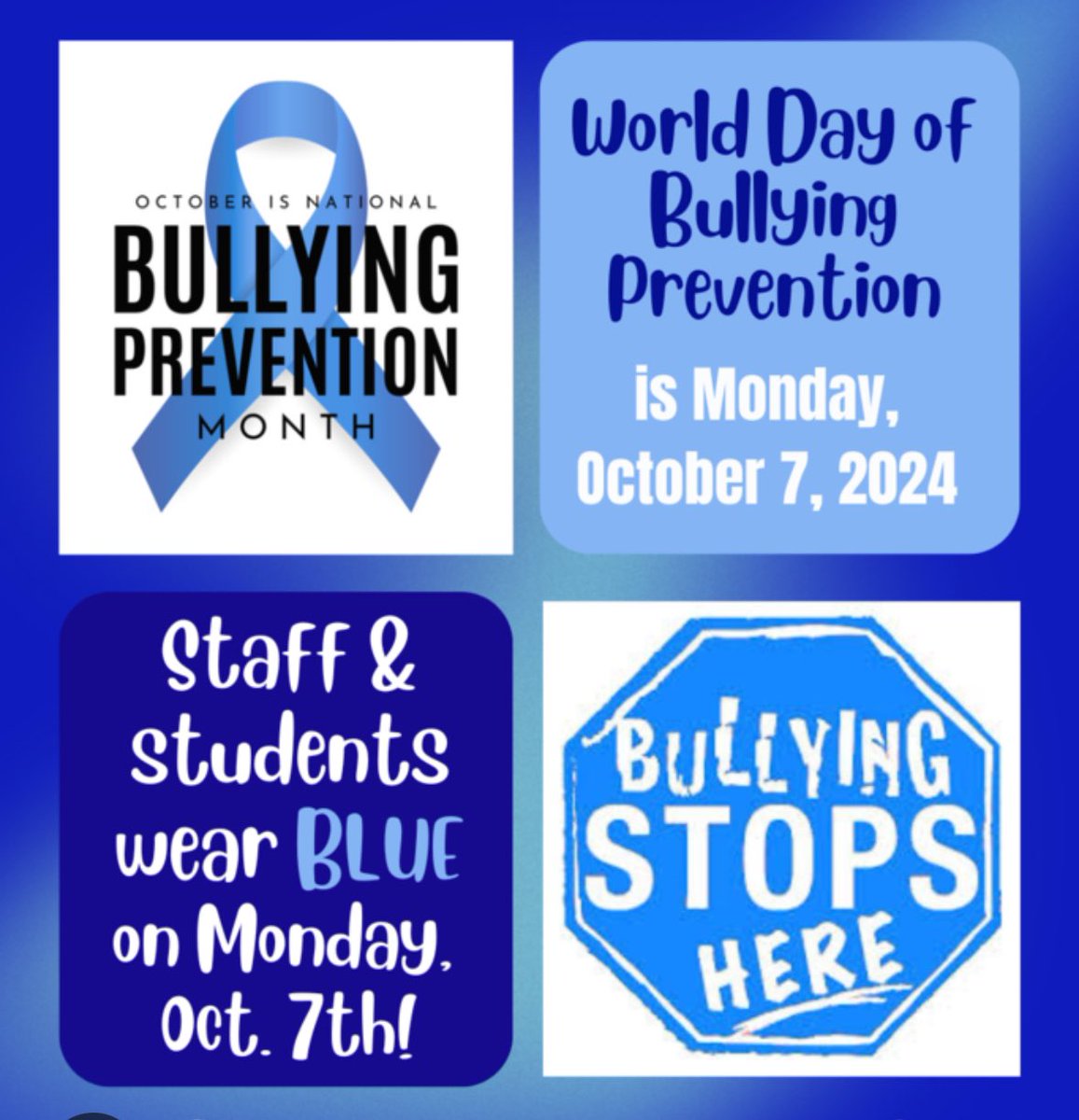 MeadowParkEl's tweet photo. Don’t forget to wear BLUE tomorrow for World Day of Bullying Prevention.💙 @pbcsd @alexandriayala @Sabrins29  #bullyingprevention @MeadowParkAP @robinlbrown6 @SHaag77 https://t.co/f0xN5blKZu