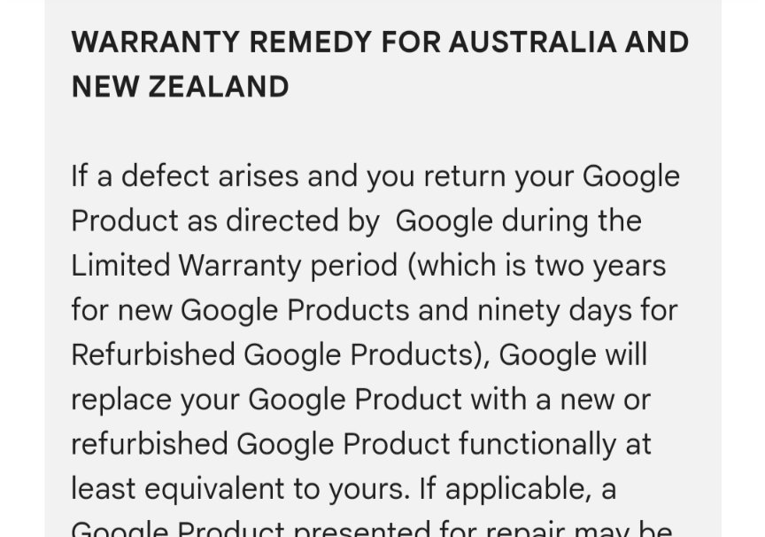 Now <a href="/googledownunder/">googledownunder</a> is claiming their 2 year warranty only covers pixel devices, even though the warranty clearly states it is for all "Google-branded hardware" 🙄

The 30w charger is hardware and Google-branded 🤷