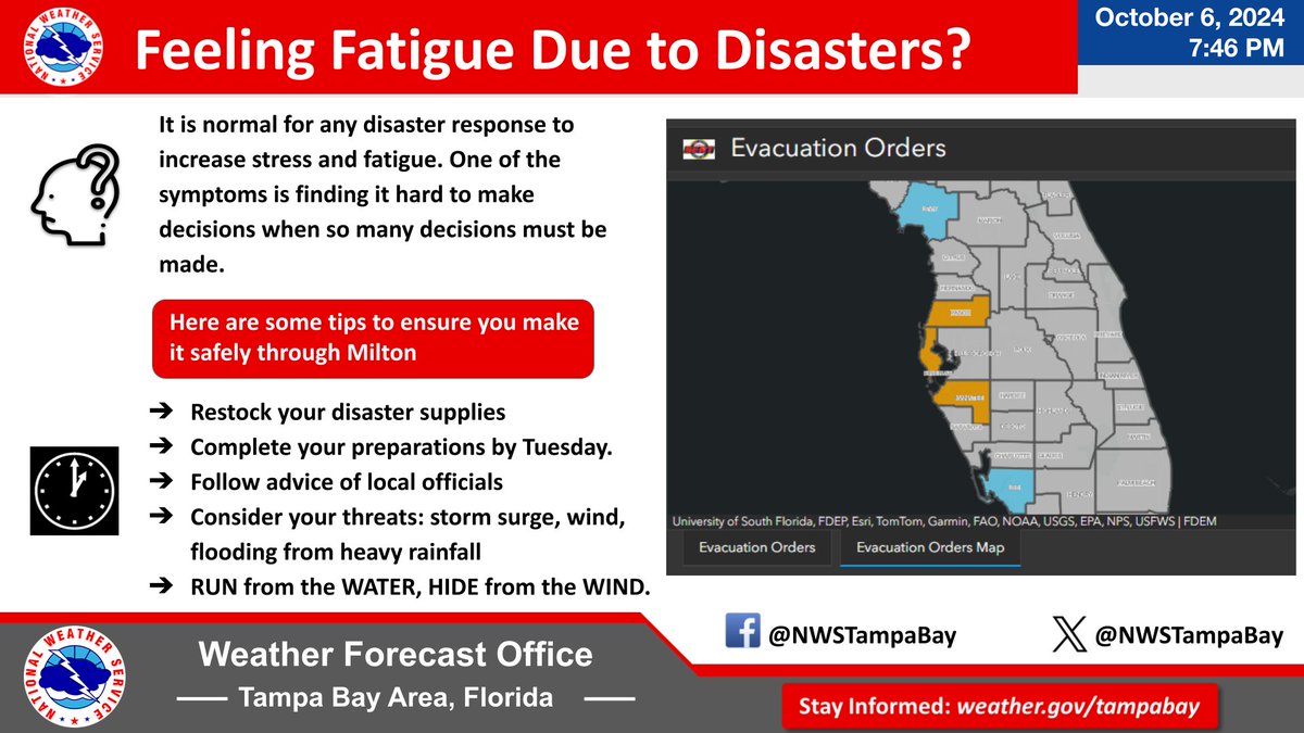 NWSTampaBay's tweet photo. A lot of us are feeling overwhelmed after Helene, but here are some tips to help you get through Hurricane #Milton! 🌀

This map features current evacuation orders, but check this link 👇 for any updates for your county 
https://t.co/56WeoP5wsf

#FLwx https://t.co/B0HNFp88hY