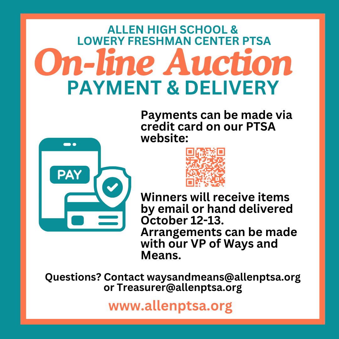 AllenPTSA's tweet image. THANK YOU to everyone who bid!!!  We greatly appreciate your support! 
To make a payment, just go to our website:
shorturl.at/V18za
Our VP of Ways and Means will be reaching out to winners about delivery of items this week.