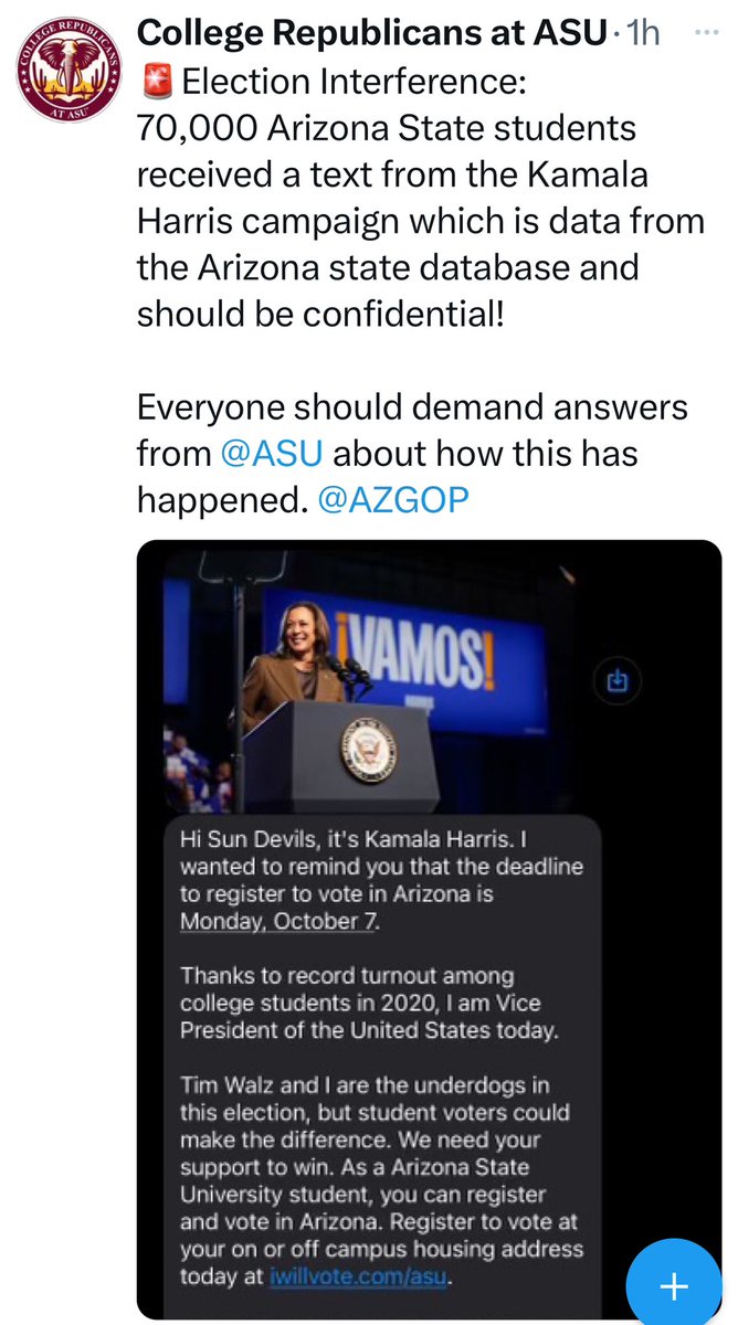 Kamala Harris sent out 1000s of text messages to students at Arizona State University and the University of Arizona, who did not opt in to receive texts from the Harris campaign. Who at those two universities gave them access to private student data that were not opted in to the