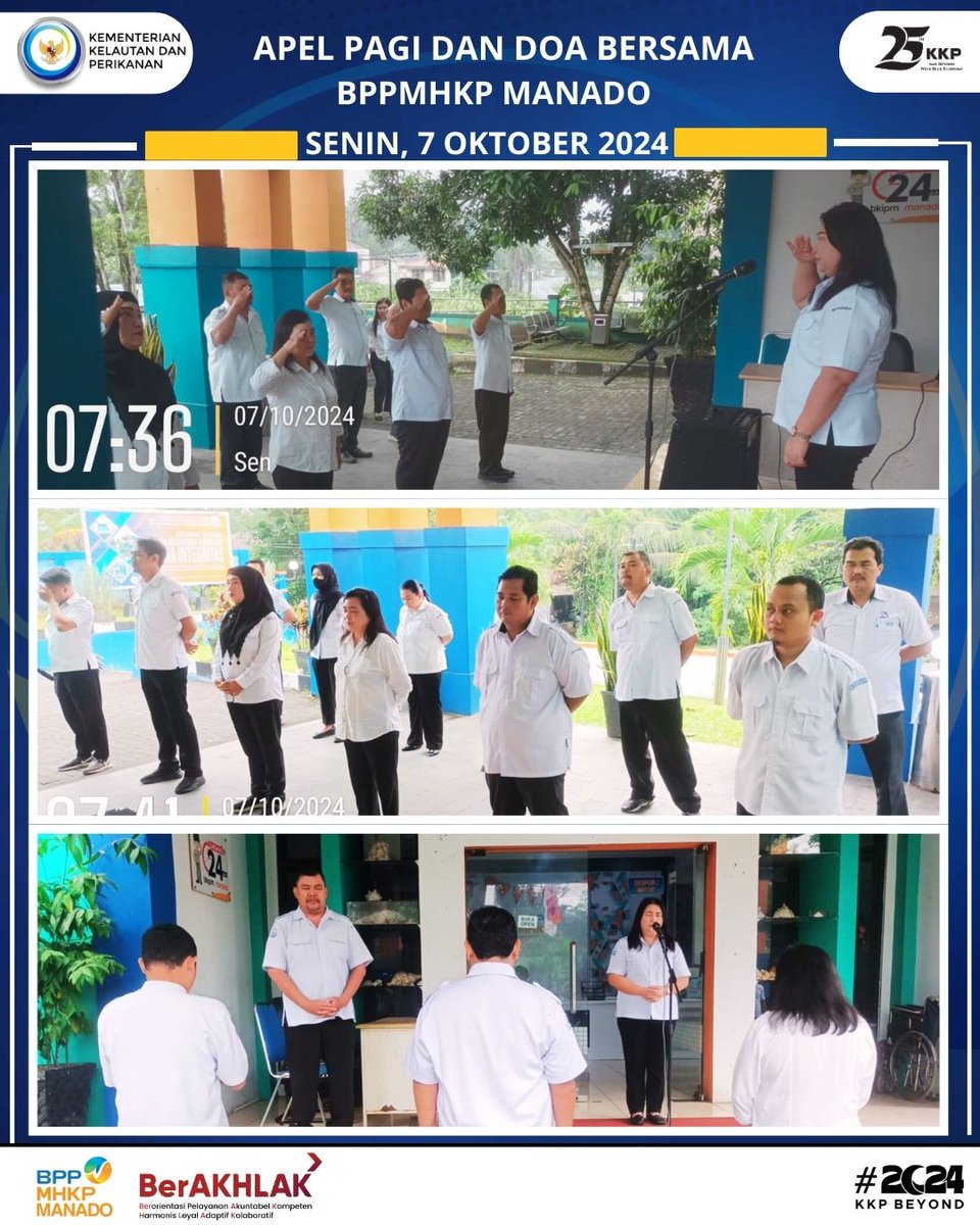 Senin 07 Oktober 2024 , BPPMHKP MANADO pada hari ini telah melaksanakan kegiatan apel pagi yang dipimpin oleh Kasubag Umum BPPMHKP MANADO.
Dalam amanatnya, Ibu Kasubag menyampaikan beberapa evaluasi terkait kegiatan-kegiatan yang telah selesai dilaksanakan.
#BppmhkpMajuBersamaKKP