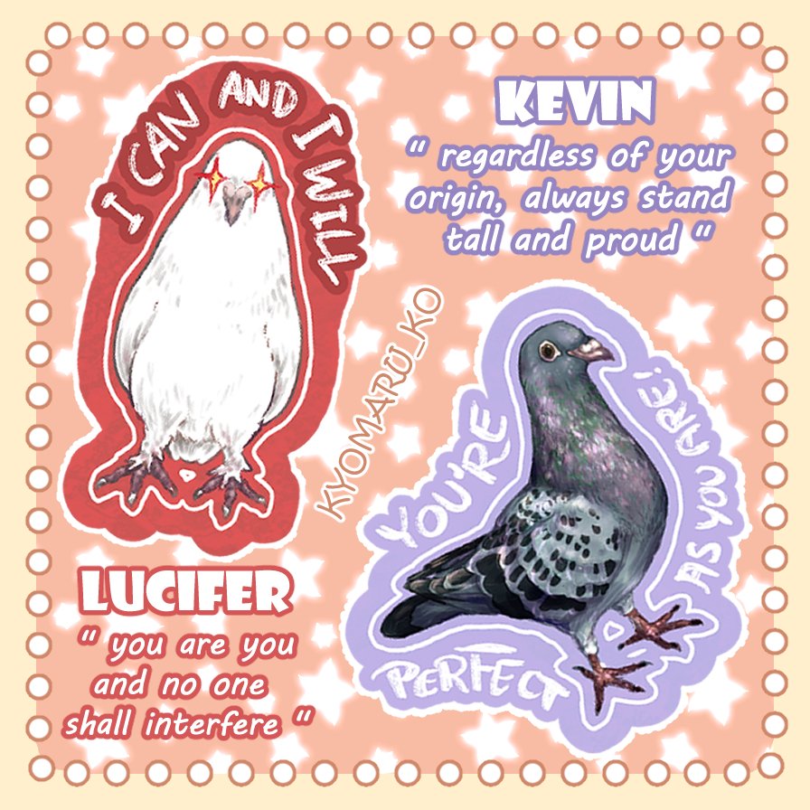 🕊 Motivational pigeons! 🕊
A sticker set with each piece based on one of my rescue pigeons. 🪶
Spending time with them has been so rewarding for me, so I wanted to capture some of their memorable moments that will stick with me forever... quite literally, now.

#pigeonlove 