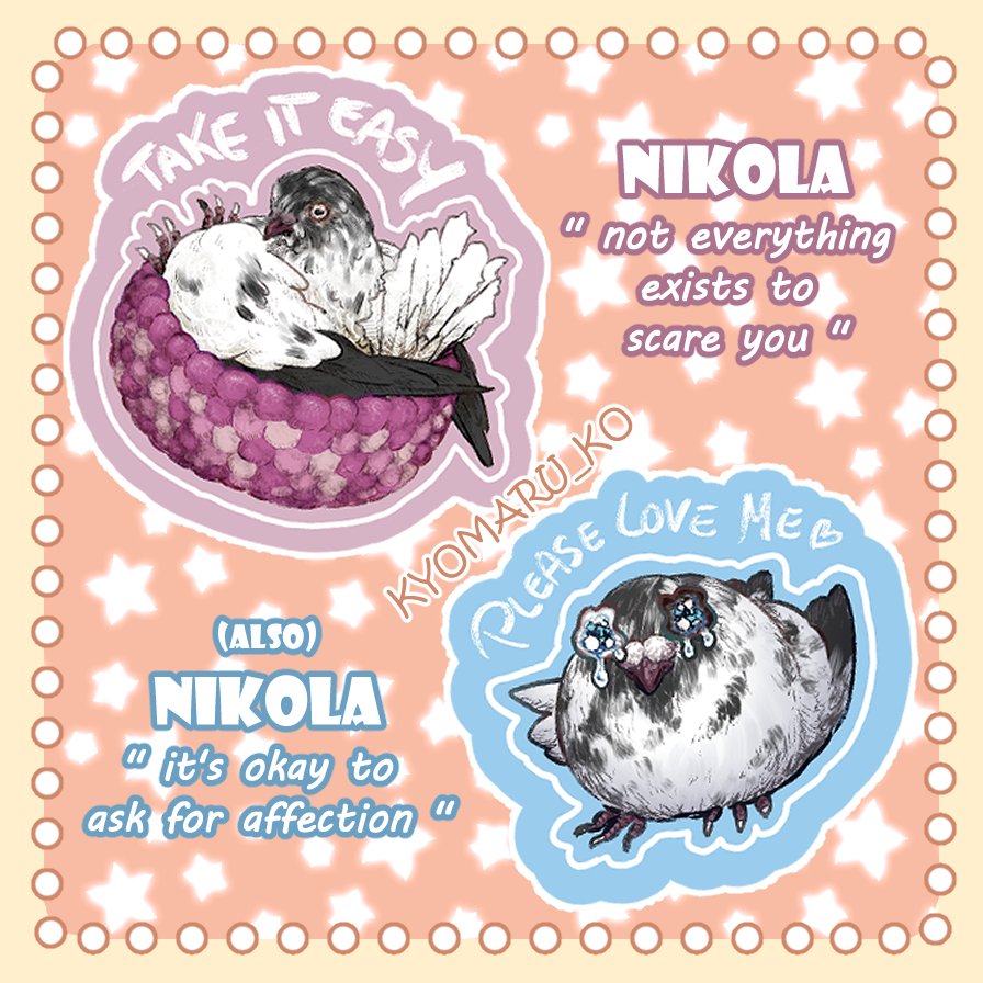 🕊 Motivational pigeons! 🕊
A sticker set with each piece based on one of my rescue pigeons. 🪶
Spending time with them has been so rewarding for me, so I wanted to capture some of their memorable moments that will stick with me forever... quite literally, now.

#pigeonlove 