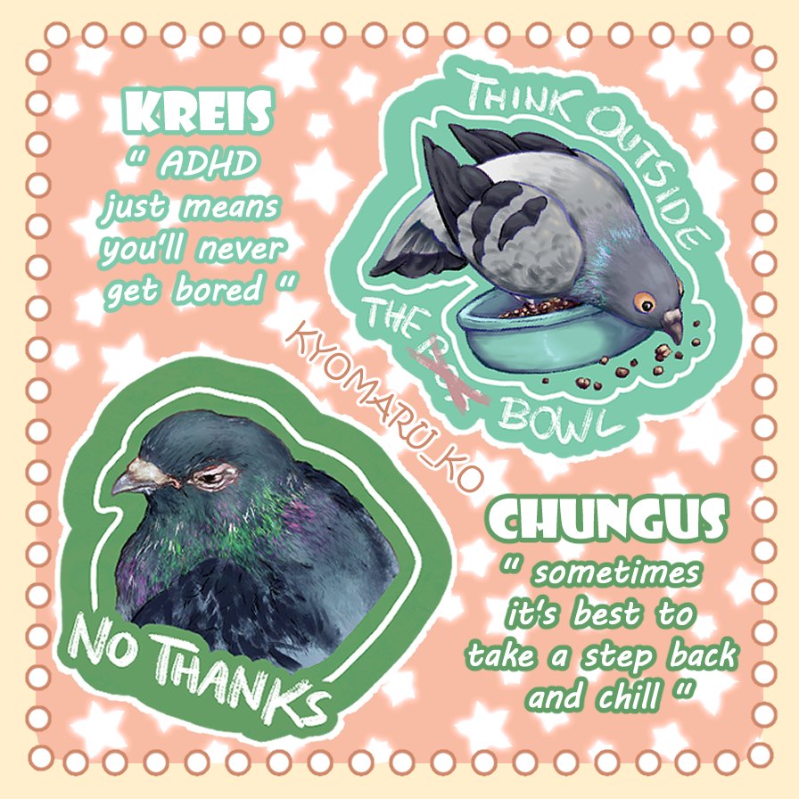 🕊 Motivational pigeons! 🕊
A sticker set with each piece based on one of my rescue pigeons. 🪶
Spending time with them has been so rewarding for me, so I wanted to capture some of their memorable moments that will stick with me forever... quite literally, now.

#pigeonlove 