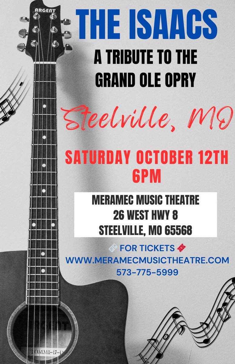 Steelville, MO
October 12th 
6 PM
🎫 for tickets 🎫 👇🏻👇🏻
meramecmusictheatre.com