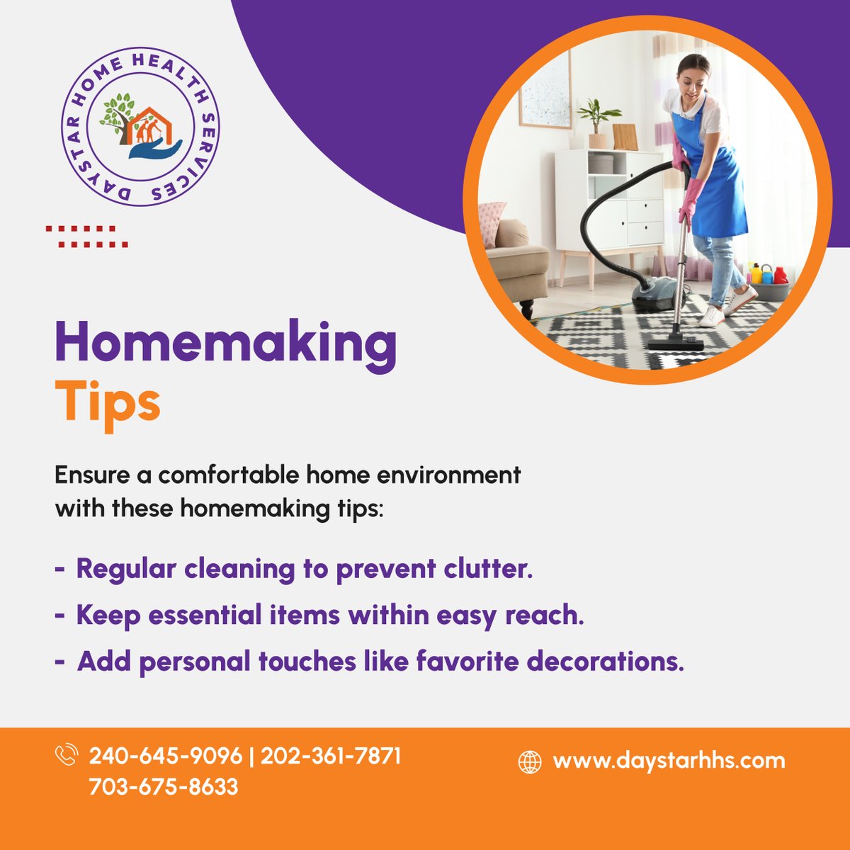 daystarhhs's tweet photo. Make homemaking easier with these practical tips. Create a comfortable and organized home environment for your loved one. Explore how our services can assist with daily tasks! 

#HomemakingTips #LandoverMD #HomeOrganization https://t.co/W0EBXdx7hB