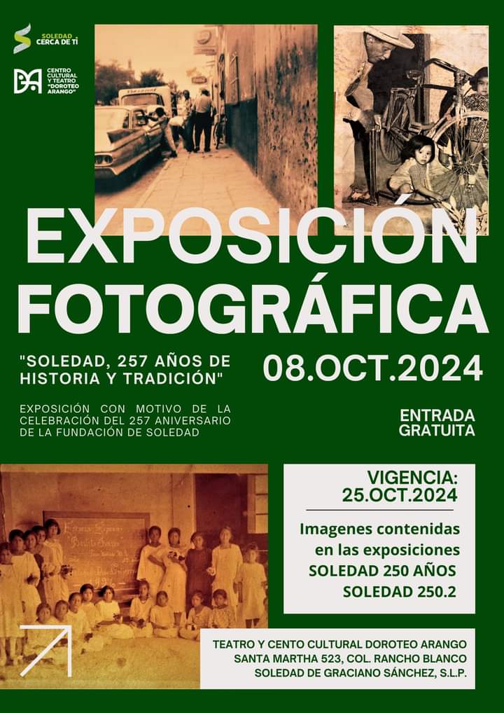 culturassoledad's tweet photo. A partir de 08 de octubre esta Dirección en coordinación con el Archivo Municipal de Soledad, te invitan la exposicion 𝗦𝗼𝗹𝗲𝗱𝗮𝗱, 𝟮𝟱𝟳 𝗮𝗻̃𝗼𝘀 𝗱𝗲 𝗵𝗶𝘀𝘁𝗼𝗿𝗶𝗮 𝘆 𝗧𝗿𝗮𝗱𝗶𝗰𝗶𝗼́𝗻, la cual estará exhibiéndose Teatro "Doroteo Arango"
𝐄𝐍𝐓𝐑𝐀𝐃𝐀 𝐋𝐈𝐁𝐑𝐄 https://t.co/OiwMPwy1j3