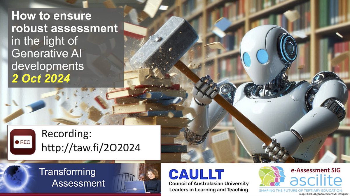 Transform Assessment (@transformassess) on Twitter photo Recording "How to ensure robust assessment in the light of Generative AI" View taw.fi/2O2024 Attn:
<a href="/ascilite/">ASCILITE</a> @caullt <a href="/AheConference/">AHE Conference</a> <a href="/eAssess/">The eAssessment Association</a> <a href="/TEQSAGov/">TEQSA</a> <a href="/CRADLEdeakin/">CRADLE: Find us on Bluesky</a> <a href="/NCVER/">NCVER</a> <a href="/auselearn/">E-learning Strategy</a> <a href="/ACENau/">ACEN</a> <a href="/ACODEnews/">ACODE exec</a> @JISC @HERDSA3 <a href="/ODLAAorg/">ODLAA: Borderless Learning | Transforming Futures</a> <a href="/ENAIntegrity/">ENAI</a> <a href="/QQI_connect/">QQI</a> <a href="/QAAtweets/">QAA</a> Recording "How to ensure robust assessment in the light of Generative AI" View taw.fi/2O2024 Attn:
<a href="/ascilite/">ASCILITE</a> @caullt <a href="/AheConference/">AHE Conference</a> <a href="/eAssess/">The eAssessment Association</a> <a href="/TEQSAGov/">TEQSA</a> <a href="/CRADLEdeakin/">CRADLE: Find us on Bluesky</a> <a href="/NCVER/">NCVER</a> <a href="/auselearn/">E-learning Strategy</a> <a href="/ACENau/">ACEN</a> <a href="/ACODEnews/">ACODE exec</a> @JISC @HERDSA3 <a href="/ODLAAorg/">ODLAA: Borderless Learning | Transforming Futures</a> <a href="/ENAIntegrity/">ENAI</a> <a href="/QQI_connect/">QQI</a> <a href="/QAAtweets/">QAA</a>
