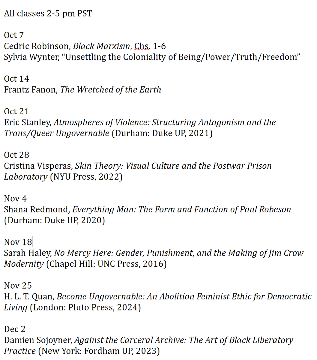 dylanrodriguez's tweet photo. calling anyone interested in weekly study for the next 2 months: join my seminar via Zoom, Mondays 2-5 pm PST. Reading list is pictured, i can send copies if you don't have (or can't afford) the books. DM me if interested. Capping "enrollment" at 12. https://t.co/RyOSpeVMcf