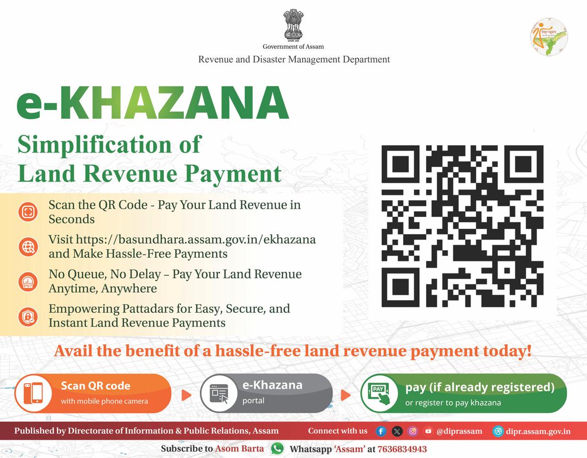 CMOfficeAssam's tweet photo. The Government of Assam has launched the e-Khazana platform to streamline and simplify the process of land revenue payment.

Pattadars can now conveniently pay their land revenue by scanning the QR code or by visiting https://t.co/cSj0CJoOr6.

This user-friendly system enables secure, efficient, and instant payments, eliminating the need for queues and delays.