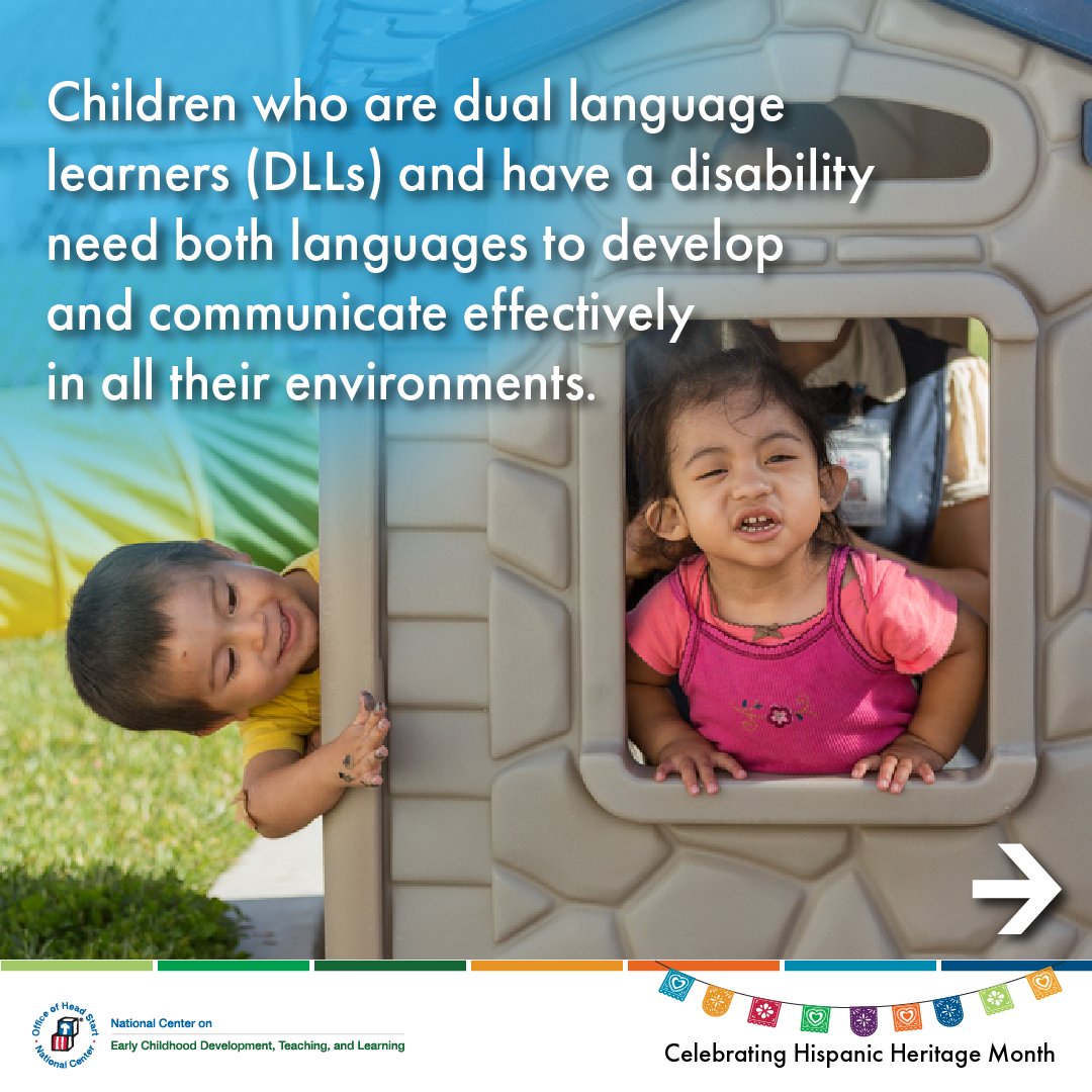 HeadStartgov's tweet image. Celebrate the strength of dual language learners this #HispanicHeritageMonth! 🎉

Children with disabilities can learn multiple languages—supporting both English and their home language(s) is crucial for their development and communication success.

#DualLanguageLearners