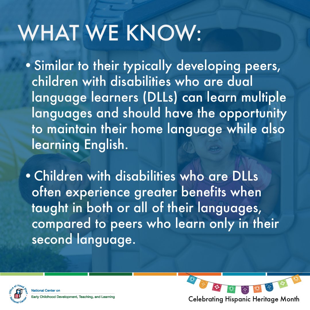 HeadStartgov's tweet image. Celebrate the strength of dual language learners this #HispanicHeritageMonth! 🎉

Children with disabilities can learn multiple languages—supporting both English and their home language(s) is crucial for their development and communication success.

#DualLanguageLearners