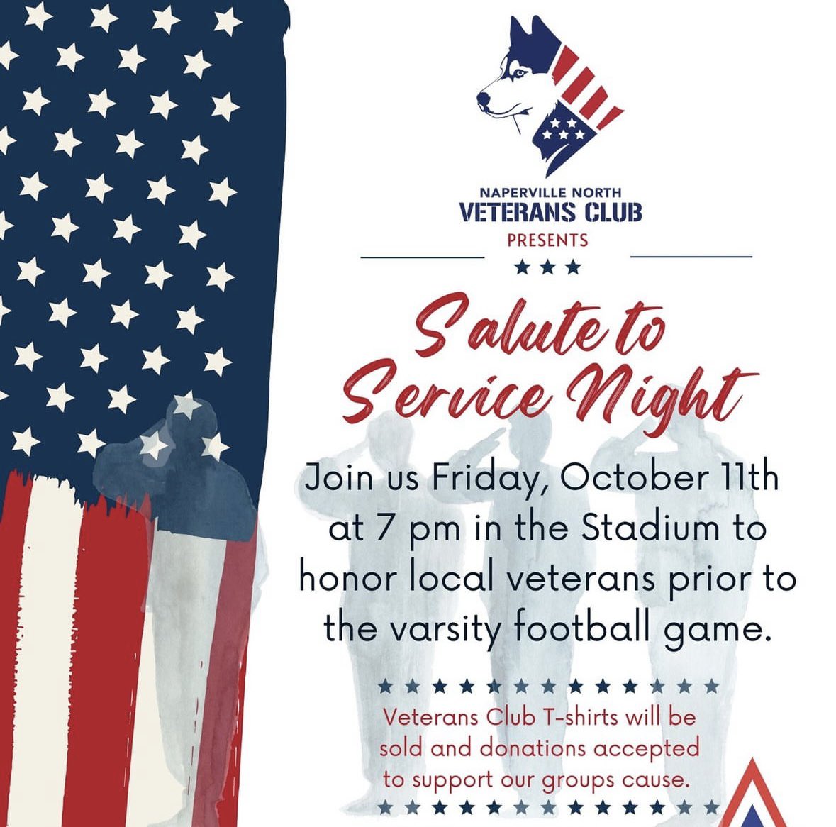 🇺🇸 Join us this Friday, October 11th, for “Salute to Service Night”! The game kicks off at 7, but make sure to arrive by 6:30 to witness 100 US Flags storm the field &amp; honor our local veterans with the Naperville VFW Color Guard. T-shirts will be available for $30 (cash only).
