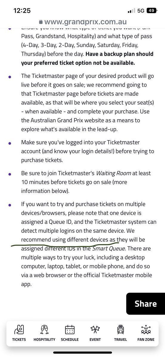 michell98354582's tweet photo. @ausgrandprix Why is your Tips &amp; Tricks advice opposite to what Ticketmaster says in regards to trying on multiple devices https://t.co/zR8rZ44q5k
