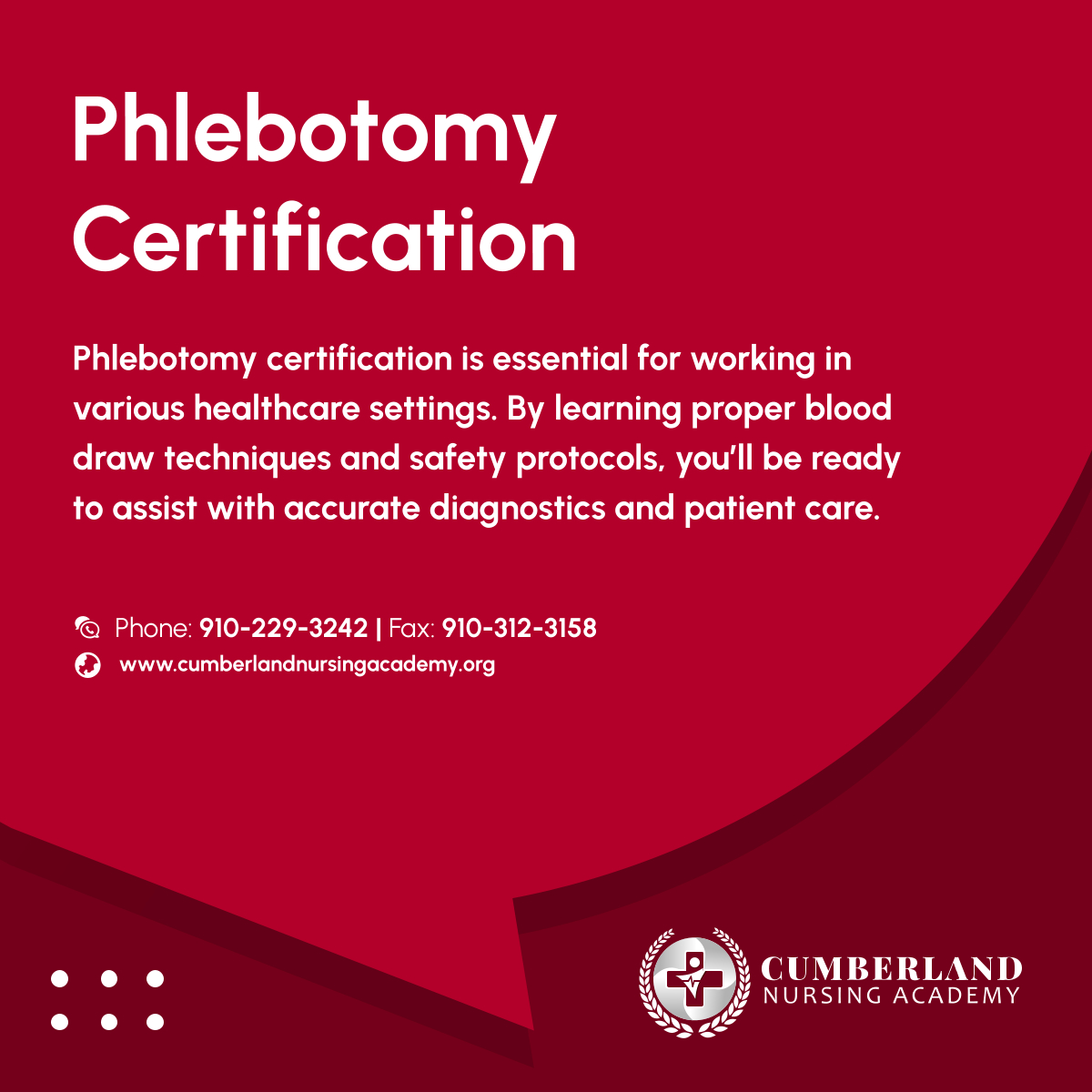 cumberland_nsg's tweet image. Gain the skills needed to become a certified Phlebotomy Technician. Master safe blood collection techniques and be prepared to assist in crucial diagnostic processes in the healthcare field. 

#PhlebotomyCertification #CertifiedPhlebotomyTech #BloodDraw #HealthcareTraining