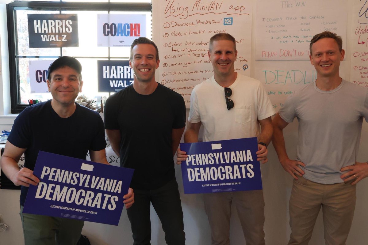 KamalaforPA's tweet photo. The hosts of Pod Save America — @jonfavs, @jonlovett, @TVietor08, and @danpfeiffer — joined us in Philly today to knock doors for @KamalaHarris and Democrats up and down the ballot!
This election is about democracy or else, which means we need to #OrganizeOrElse.
Let’s do this. https://t.co/eHJXbo1kUD