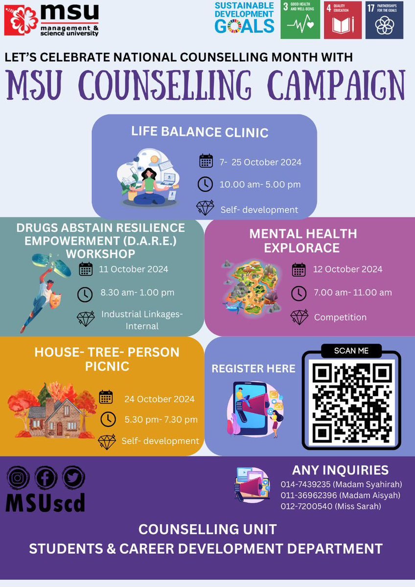 MSU Counseling Campaign: Prioritize Your Wellbeing 

Join us in celebrating National Counseling Month with activities that promote mental health awareness and personal growth! 

Let’s break barriers and empower help-seeking behavior. Don’t miss out!