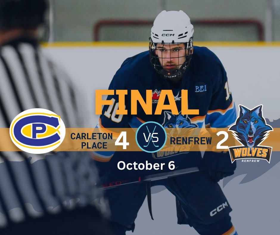 RenfrewWolves's tweet image. Tough battle on the road as Carleton Place 4, Renfrew 2. 

Game highlights:
- Souliere ties it up early in the 2nd!
- Robillard’s short-handed goal in the 3rd!
- Suys makes 36 saves on 40 shots!
Time to regroup and get ready for the next one! #RenfrewWolves #GoWolvesGo