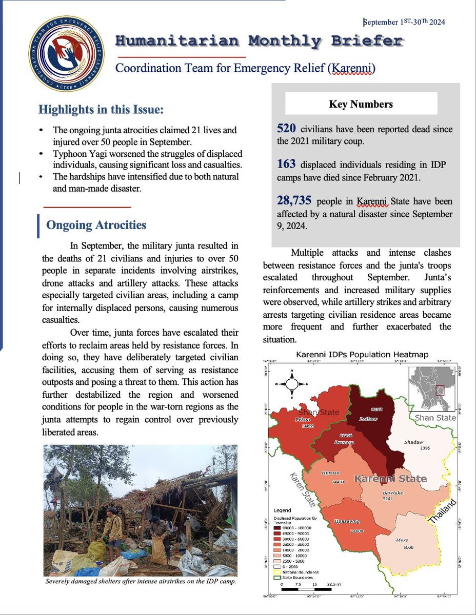 myradah's tweet photo. #CTER's breifer - Since 2021 coup: 520 civilians dead, 163 IDPs died. 28,735 in #Karenni affected by #typhoonyagi & urgent humanitarian needs.
@UUSC @USCB @KarenniHR @KarenniSDC https://t.co/AT6t14K5u1